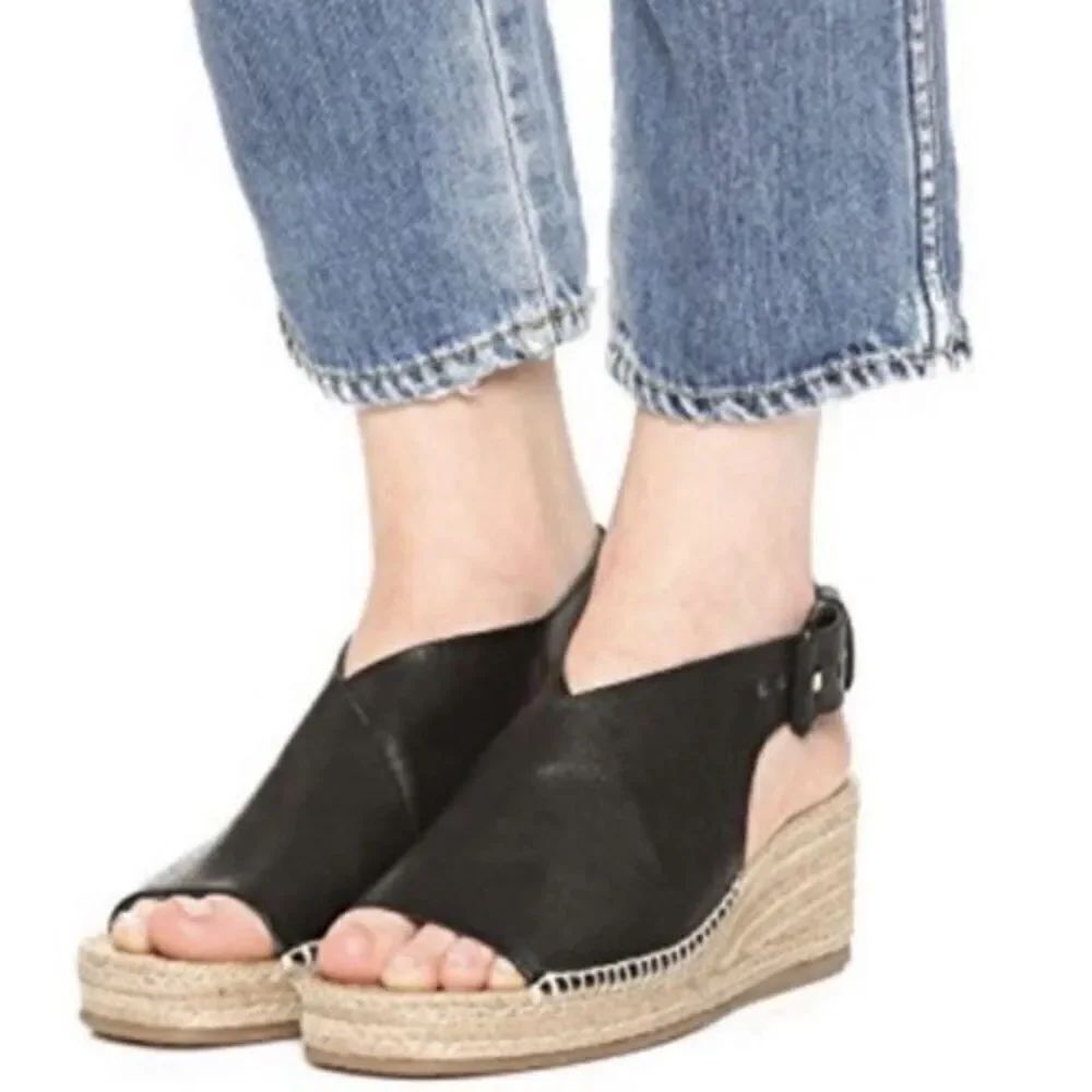 Rag & Bone Sienna Black Leather Espadrille Wedge Open Toe Sandal Women’s 40 9.5